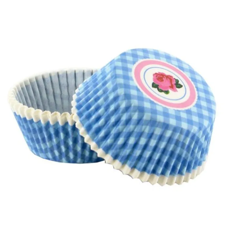Caissettes cupcakes "Vichy bleu, décor rose" (x50)