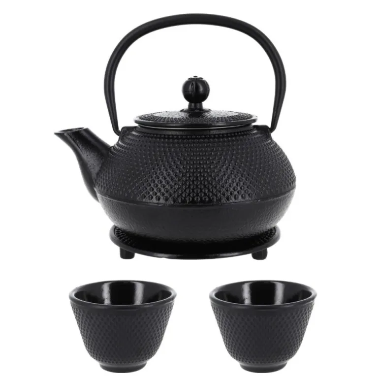 Coffret théière + tasses à points en fer noir - 900 ml