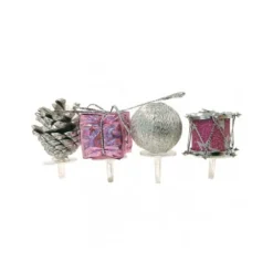 Décors de Noël assortis rose argent sur pique (x4)
