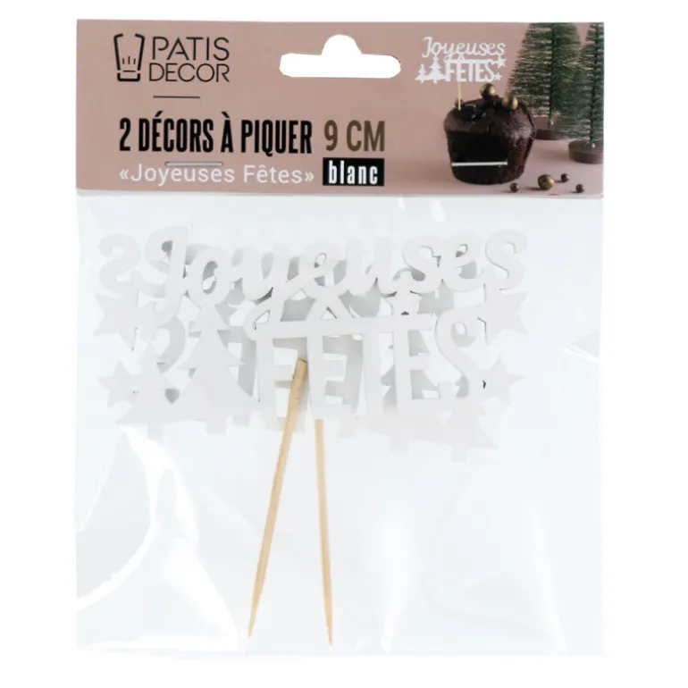 Décors sur pique "Joyeuses Fêtes" blancs (x2)
